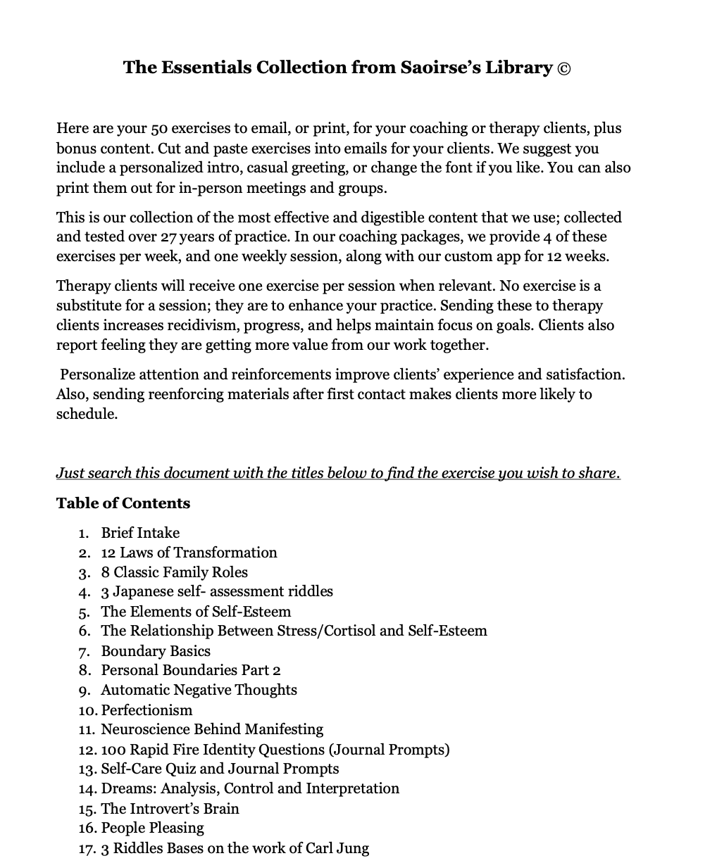 50 Therapy & Coaching Exercises from Saoirse's Library